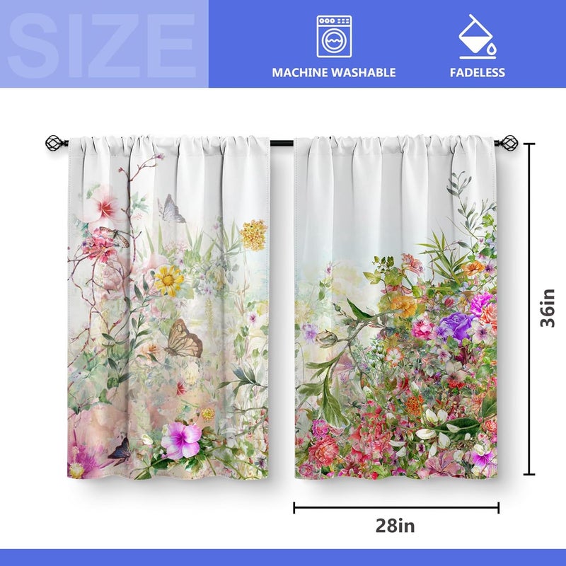 Aimego Floral Leaves Vintage Kitchen Curtains - Flower Colourful Cafe Rustic Small Short Tier Window Curtains for Bathroom Living Dining Room Decor Rod Pocket Window Drapes 36 Inch Length Set 28"x36" - Image 3